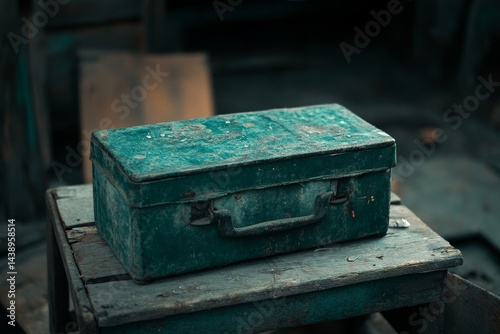 Dusty teal metal toolbox sits atop aged wooden crate.