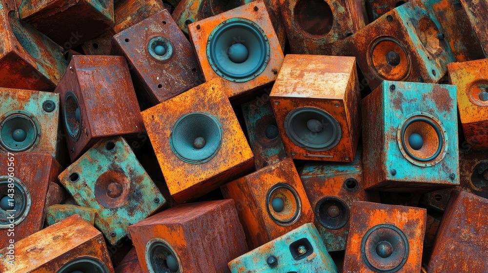Fototapeta premium A vibrant collection of old. rusted speakers stacked together. showcasing their colorful surfaces and textures. set against a backdrop of urban decay