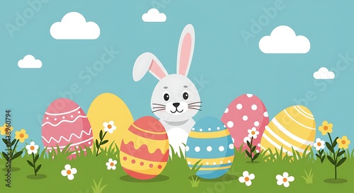 Easter Bunny Amidst Colorful Eggs in a Spring Meadow
