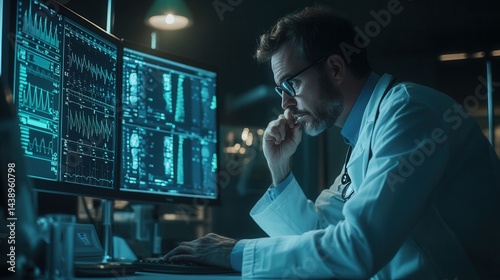Doctor Analyzing Medical Data on Computer Screens
