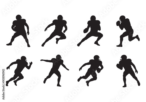 American football player silhouette set, running, throwing, catching, and tackling action vector