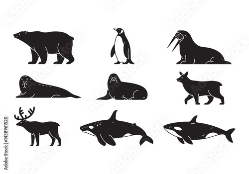Arctic and marine animal silhouettes set, polar bear, penguin, walrus, seal, deer, and orca vector