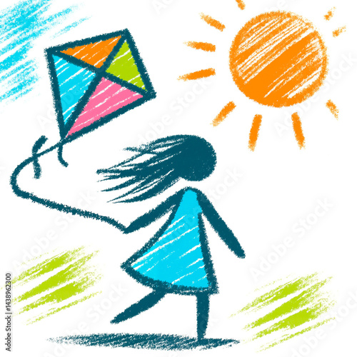 Girl flying a colorful kite on a sunny summer day children's wax crayon drawing