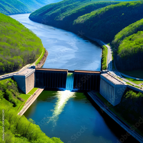 The water outflow from the Kinzua Dam becoming the Allegheny River on Warren, Pennsylvania, USA on a sunny spring day photo