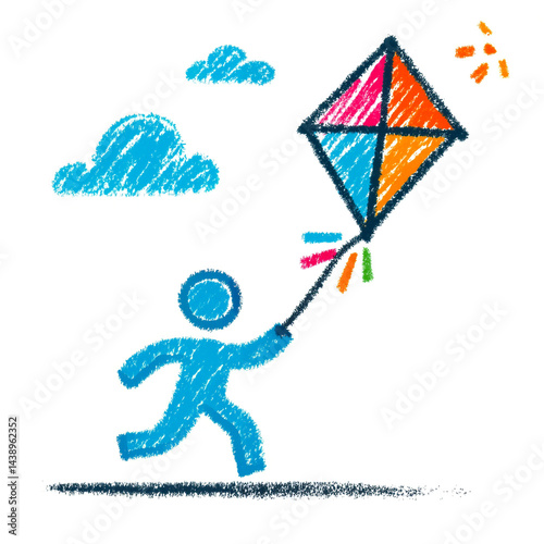 Child flying a colorful kite during summer  children's wax crayon drawing