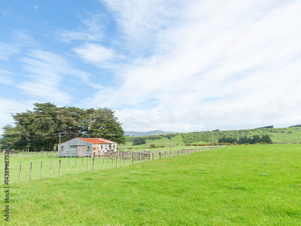 Old corrugated iron shed in wide rural scene
