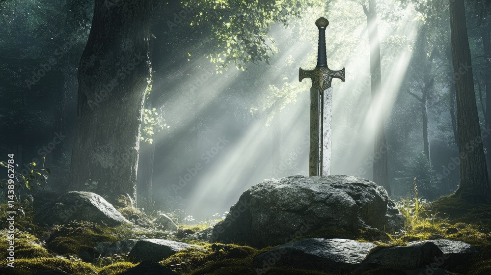 Naklejka premium A mystical forest scene illuminated by beams of sunlight. featuring a lone sword embedded in the ground near a large rock. surrounded by lush greenery and soft mist. evoking a sense of adventure