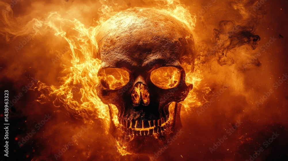 A menacing skull engulfed in flames. set against a backdrop of swirling smoke and fire. creating an intense atmosphere ideal for horror-themed content A menacing skull engulfed in flames. set against a backdrop of swirling smoke and fire. creating an intense atmosphere ideal for horror-themed content