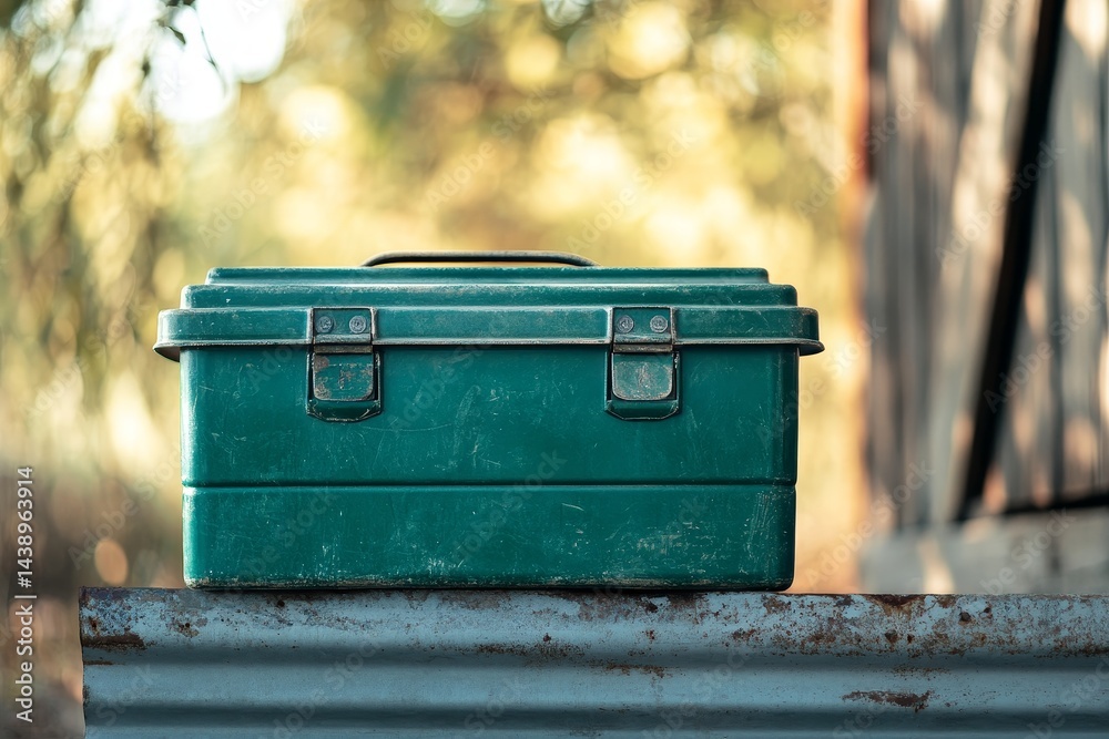 Rusty green metal toolbox resting on weathered metal surface. Rusty green metal toolbox resting on weathered metal surface.