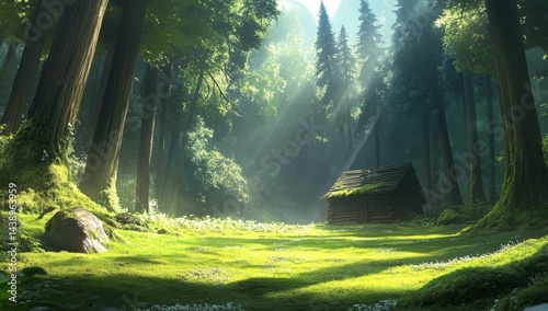 Wallpaper Mural Lush forest clearing with rustic cabin Torontodigital.ca