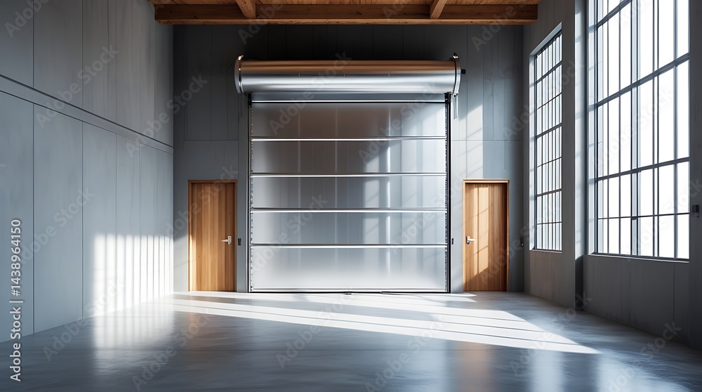 custom made wallpaper toronto digitalModern industrial garage interior with large metallic rolling shutter door, tall glass windows, and clean concrete floor, illuminated by natural sunlight streaming in.