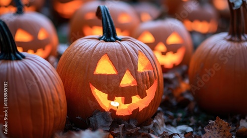 Illuminated Jack o  lanterns on Autumn Leaves