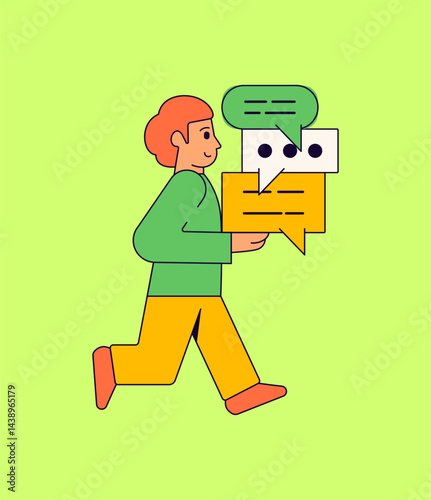 Smiling person walking while holding multiple speech bubbles cartoon vector illustration hand drawn for communication, messaging, social media, teamwork, online chat, and digital conversation