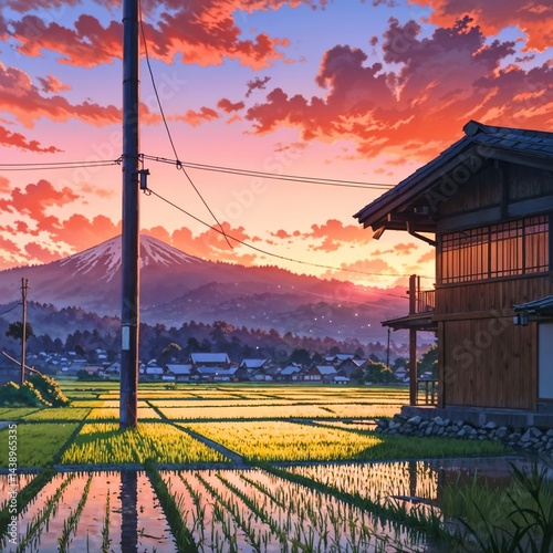 水田に映る夕空と日本の里山風景