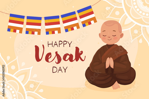 Happy Vesak day, card for buddhist holiday. Cute character, little boy Buddhist monk in brown clothes and a garland of Buddhist flags. Monk in a pose of prayer.