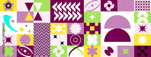 Colorful geometric pattern suitable for backgrounds, textiles, wallpapers, and print designs. Shapes and colors create a visually striking composition.