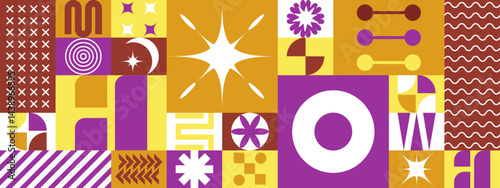 Colorful geometric abstract art pattern suitable for backgrounds, textiles, prints, and digital designs with vibrant colors and interesting shapes.
