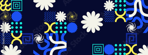 Pattern of colorful shapes and flowers suitable for fabric, wallpaper, wrapping paper, and stationery design. Vibrant and eye catching.