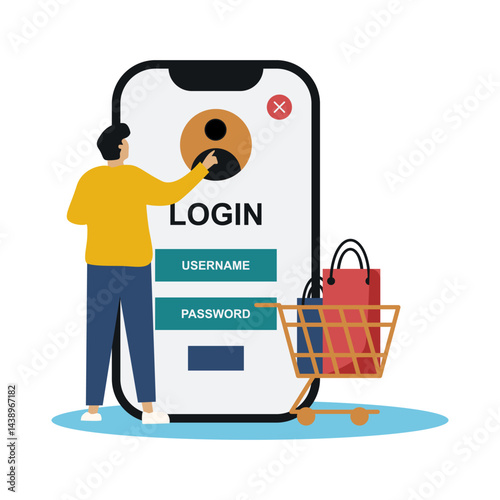 Features vibrant mobile app screens showcasing shopping online categories, user interaction, and a simplified login process.