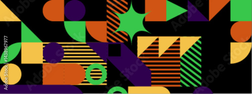 Abstract geometric pattern blending green, purple, orange, and yellow shapes. Suitable for backgrounds, wallpapers, packaging designs, and digital art projects.