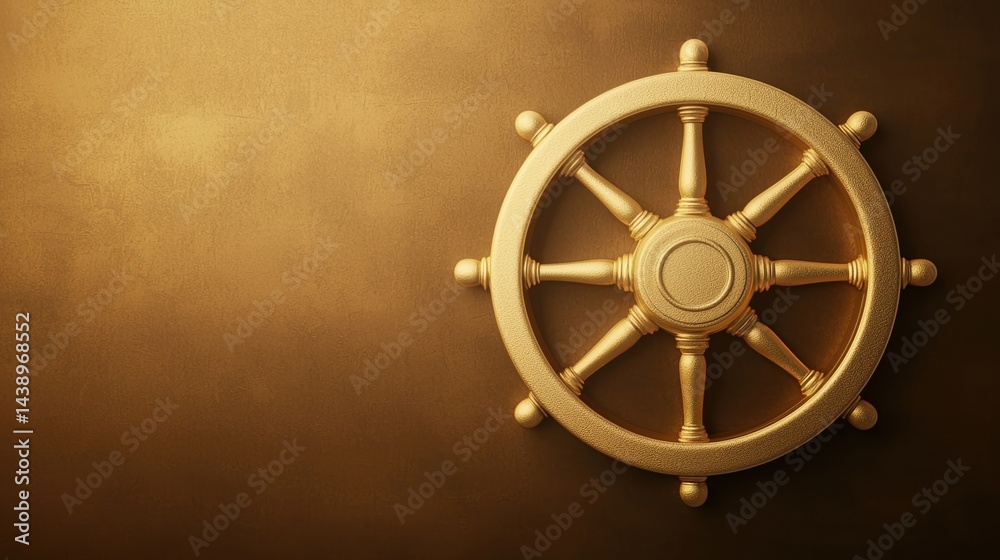 Fototapeta premium A golden ship's wheel against a textured, dark background, symbolizing navigation and adventure on the seas.