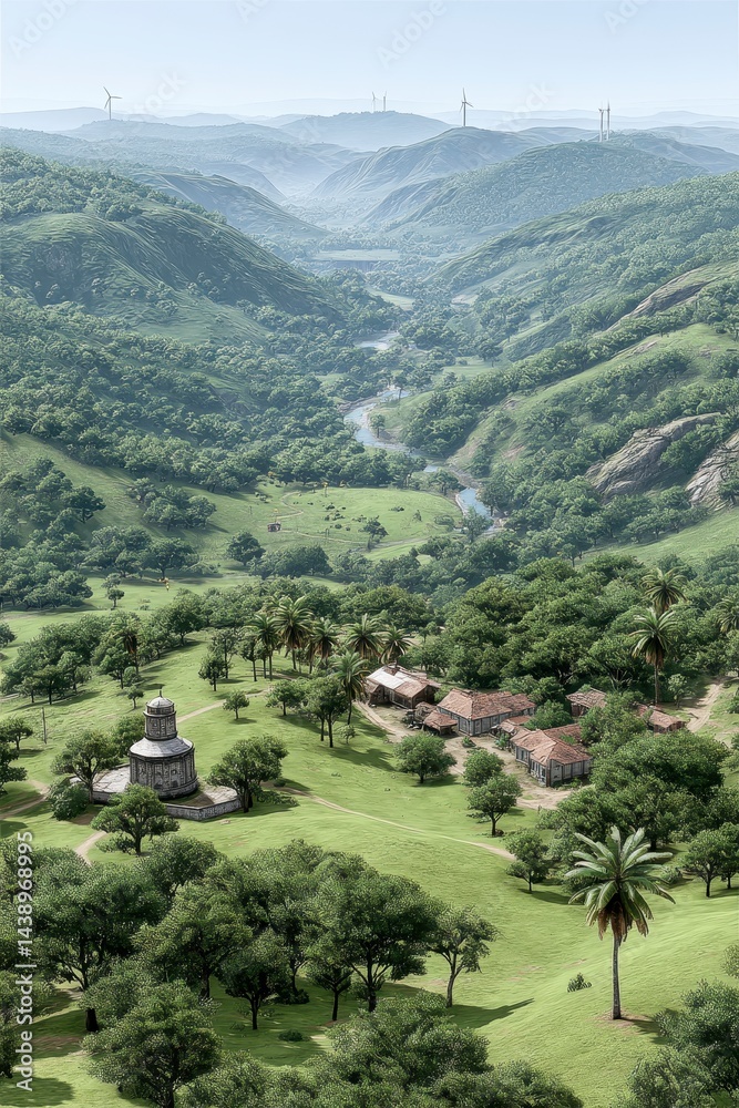 Fototapeta premium Lush Green Valley Landscape with River and Village