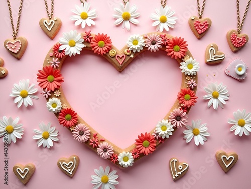 Obraz na płótnie Necklaces i mog di hearts edelweiss flowers gingerbread heart bavarian pink oktoberfest delicious food blank write without text frame border heart shape love w salonie