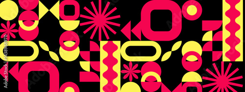 Abstract geometric pattern with red and yellow shapes suitable for backgrounds, digital art, textiles, and contemporary design projects.
