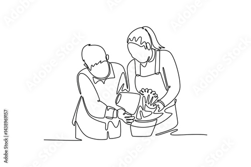 Neighbor sharing concept. Single line draw design. Vector graphic illustration