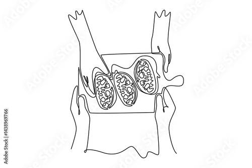 Neighbor sharing concept. Single line draw design. Vector graphic illustration