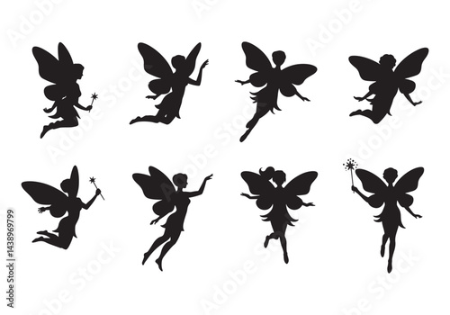 Flying fairy silhouette collection, magic fantasy characters with wings and wands vector illustration