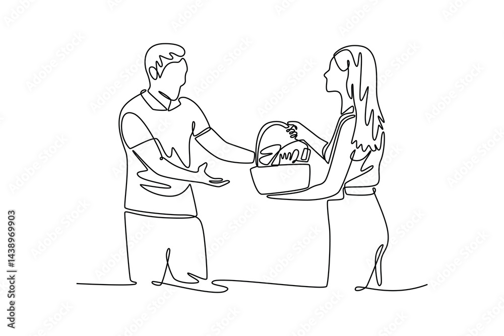Neighbor sharing concept. Single line draw design. Vector graphic illustration Neighbor sharing concept. Single line draw design. Vector graphic illustration