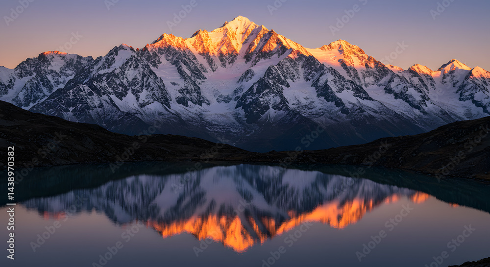 Obraz premium Snowy Mountain Peaks Reflecting in Calm Lake at Golden Hour