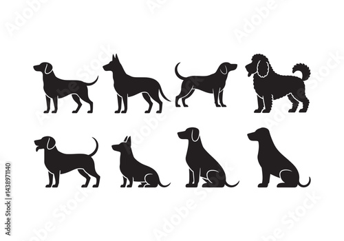 Dog silhouettes set, standing and sitting domestic dogs, various dog breeds in different poses vector