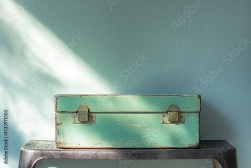 Aged teal wooden box sits on dark stool, bathed in sunbeams. photo