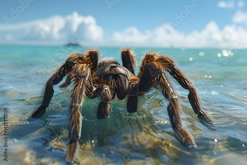 Brown Tarantula Spider in Shallow Ocean Water photo