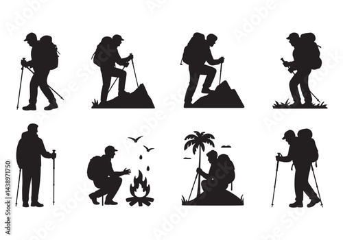 Hiking and camping silhouette set, backpackers trekking, camping scenes, mountaineering adventure vector