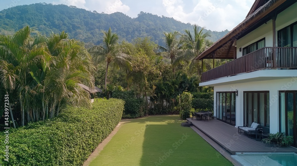 Luxurious tropical villa with lush landscaping and mountain backdrop Luxurious tropical villa with lush landscaping and mountain backdrop