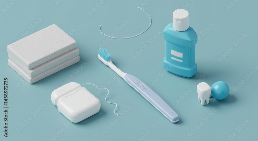 White Toothbrush, Dental Floss, And Mouthwash On Blue Background