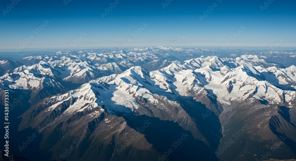Fototapeta premium Snowy Mountain Range Aerial View Under Clear Blue Sky in Daytime