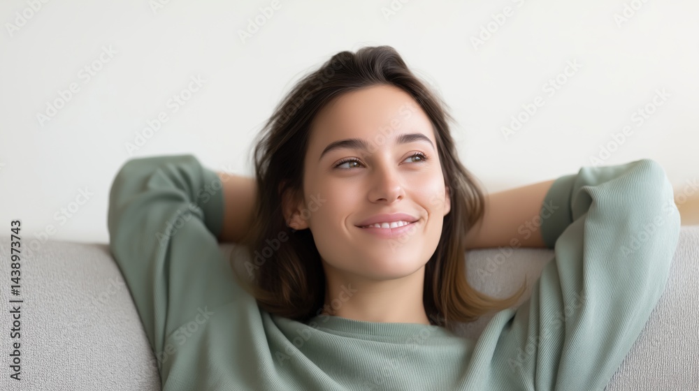 Happy woman relaxing on a couch with a joyful expression at home in a minimalist setting during daytime. Happy woman relaxing on a couch with a joyful expression at home in a minimalist setting during daytime.