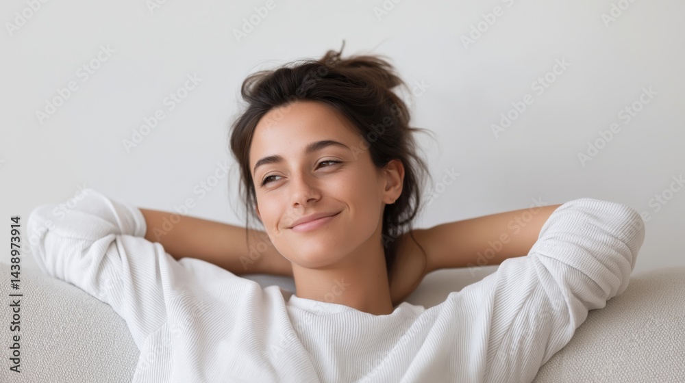 Smiling young woman relaxing on a couch in a bright, cozy living room during the afternoon. Smiling young woman relaxing on a couch in a bright, cozy living room during the afternoon.
