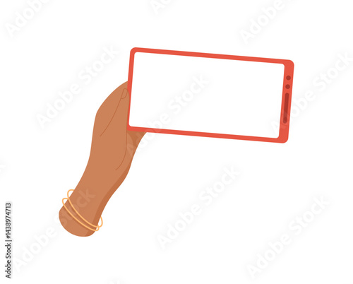 A hand holds a smartphone with a blank template screen. A user grips digital device displaying an empty interface. This cool mobile phone offers trendy context for media, flat visual style, and