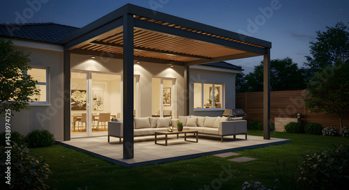 Modern Patio Design: Serene Evening Under a Wooden Pergola
