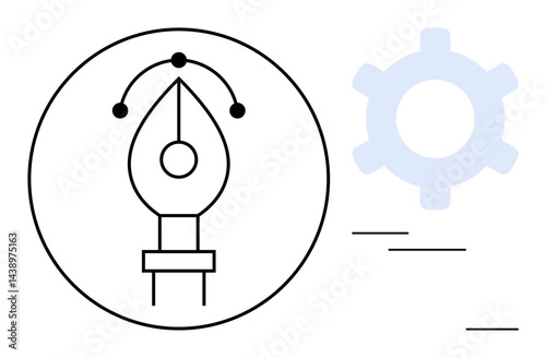 Pen nib with design path surrounded by a circle, gear in the background, and minor lines. Ideal for creativity, graphic design, innovation, teamwork, planning workflow process mapping. Flat simple