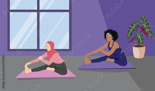 Hijabi and Afro Girl Practicing Mindfulness Yoga Head to Knee Forward Bend Pose Janu Sirsasana for Flexibility and Calmness