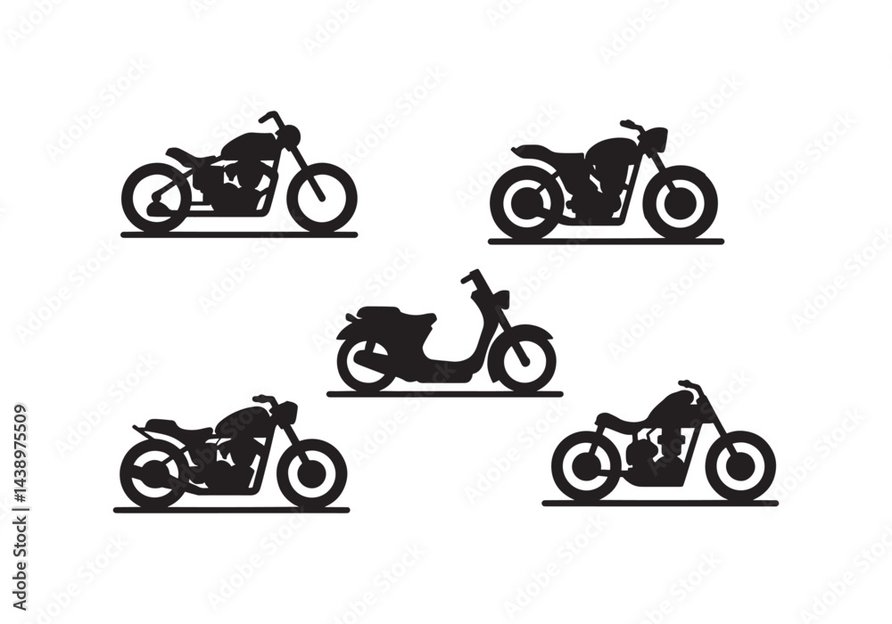 Fototapeta premium Motorcycle silhouette set, cruiser bikes, chopper motorcycles, scooters, and road motorbikes vector