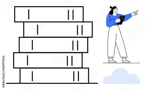 Woman holding a tablet and pointing at a tall stack of books, signifying knowledge, education, or research. Ideal for learning, teaching, reading, growth, organization planning simple landing page