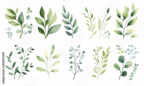 Wallpaper Mural 水彩画の葉のセット 白い背景に配置された様々な緑色の植物のイラスト 自然をテーマにしたデザイン要素 Torontodigital.ca