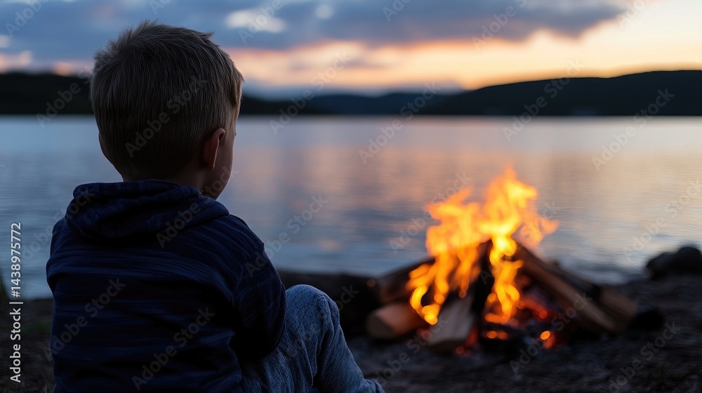 Fototapeta premium Child watching campfire by lake at sunset